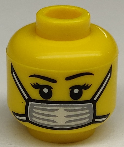 Display of LEGO part no. 3626cpb0657 Minifigure, Head Female Black Eyebrows, White Surgical Mask Pattern, Hollow Stud  which is a Yellow Minifigure, Head Female Black Eyebrows, White Surgical Mask Pattern, Hollow Stud 