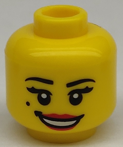 Display of LEGO part no. 3626cpb0658 Minifigure, Head Female Black Eyebrows and Beauty Mark, Red Lips Open Smile Pattern, Hollow Stud (BAM)  which is a Yellow Minifigure, Head Female Black Eyebrows and Beauty Mark, Red Lips Open Smile Pattern, Hollow Stud (BAM) 
