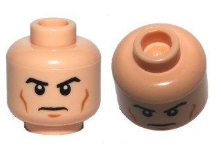 Display of LEGO part no. 3626cpb0704 which is a Light Nougat Minifigure, Head Male Black Eyebrows, Cheek Lines, White Pupils and Frown Pattern, Hollow Stud 