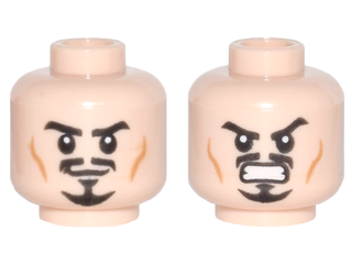 Display of LEGO part no. 3626cpb0705 Minifigure, Head Dual Sided Moustache, Goatee and Cheek Lines, Determined / Angry Pattern, Hollow Stud  which is a Light Nougat Minifigure, Head Dual Sided Moustache, Goatee and Cheek Lines, Determined / Angry Pattern, Hollow Stud 
