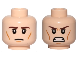 Display of LEGO part no. 3626cpb0812 which is a Light Nougat Minifigure, Head Dual Sided Brown Eyebrows, Wrinkles, Calm / Angry, Clenched Teeth Pattern, Hollow Stud 