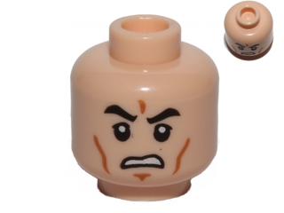 Display of LEGO part no. 3626cpb0817 Minifigure, Head Black Eyebrows, Cheek Lines, Chin Dimple, Grimacing Pattern, Hollow Stud  which is a Light Nougat Minifigure, Head Black Eyebrows, Cheek Lines, Chin Dimple, Grimacing Pattern, Hollow Stud 