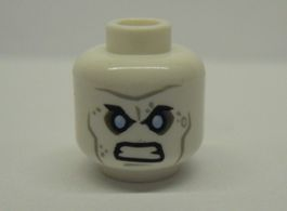 Display of LEGO part no. 3626cpb0827 which is a White Minifigure, Head Male Angry Black Eyebrows, Blue Eyes, Wrinkles Pattern (Mr. Freeze), Hollow Stud 