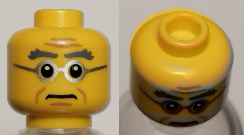 Display of LEGO part no. 3626cpb0839 Minifigure, Head Male Bushy Gray Eyebrows, Wrinkles, Silver Frame Glasses Pattern, Hollow Stud  which is a Yellow Minifigure, Head Male Bushy Gray Eyebrows, Wrinkles, Silver Frame Glasses Pattern, Hollow Stud 