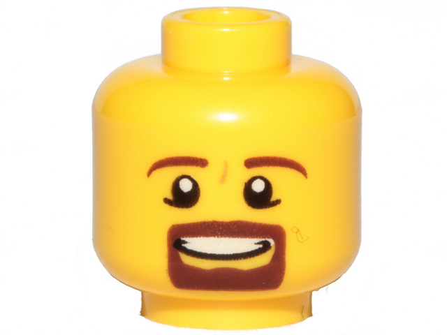 Display of LEGO part no. 3626cpb0852 which is a Yellow Minifigure, Head Male Brown Beard and Eyebrows, Goatee, Pupils, Teeth Pattern, Hollow Stud 