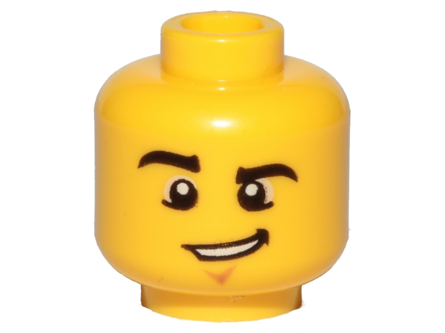 Display of LEGO part no. 3626cpb0857 Minifigure, Head Male Black Eyebrows, Chin Dimple and Lopsided Grin Pattern, Hollow Stud  which is a Yellow Minifigure, Head Male Black Eyebrows, Chin Dimple and Lopsided Grin Pattern, Hollow Stud 