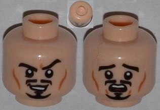 Display of LEGO part no. 3626cpb0905 Minifigure, Head Dual Sided Moustache, Goatee and Cheek Lines, Sneer / Scared Pattern, Hollow Stud  which is a Light Nougat Minifigure, Head Dual Sided Moustache, Goatee and Cheek Lines, Sneer / Scared Pattern, Hollow Stud 