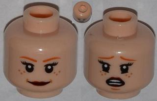 Display of LEGO part no. 3626cpb0909 which is a Light Nougat Minifigure, Head Dual Sided Female Dark Orange Eyebrows, Freckles, Eyelashes, Dark Red Lips, Smile / Scared Pattern, Hollow Stud 