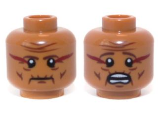 Display of LEGO part no. 3626cpb0961 Minifigure, Head Dual Sided Wrinkles and Dark Red Face Paint, Mouth Closed / Mouth Open Scared Pattern, Hollow Stud  which is a Medium Nougat Minifigure, Head Dual Sided Wrinkles and Dark Red Face Paint, Mouth Closed / Mouth Open Scared Pattern, Hollow Stud 