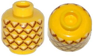 Display of LEGO part no. 3626cpb1018 which is a Yellow Minifigure, Head without Face with Pineapple Pattern, Hollow Stud 