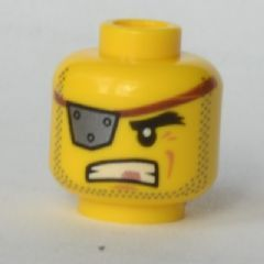 Display of LEGO part no. 3626cpb1046 Minifigure, Head Male Eye Patch Silver with Rivets, Gold Tooth, Stubble Pattern (MetalBeard), Hollow Stud  which is a Yellow Minifigure, Head Male Eye Patch Silver with Rivets, Gold Tooth, Stubble Pattern (MetalBeard), Hollow Stud 