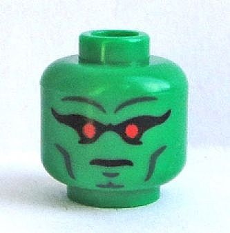 Display of LEGO part no. 3626cpb1104 which is a Green Minifigure, Head Alien with Red Eyes, Black Eye Shadow, Dark Bluish Gray Eyebrows, Cheek Lines, and Chin Dimple Pattern (Martian Manhunter), Hollow Stud 