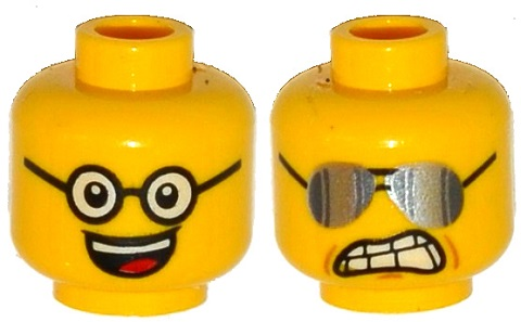 Display of LEGO part no. 3626cpb1158 Minifigure, Head Dual Sided Black Glasses, Open Smile with Teeth and Tongue / Sunglasses, Clenched Teeth Pattern, Hollow Stud  which is a Yellow Minifigure, Head Dual Sided Black Glasses, Open Smile with Teeth and Tongue / Sunglasses, Clenched Teeth Pattern, Hollow Stud 