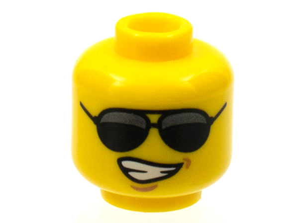 Display of LEGO part no. 3626cpb1179 Minifigure, Head Glasses with Black Sunglasses Large and Lopsided Smile Wide with Teeth Pattern, Hollow Stud  which is a Yellow Minifigure, Head Glasses with Black Sunglasses Large and Lopsided Smile Wide with Teeth Pattern, Hollow Stud 