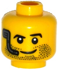 Display of LEGO part no. 3626cpb1193 Minifigure, Head Beard Stubble, Raised Left Eyebrow, Headset and Smile Pattern, Hollow Stud  which is a Yellow Minifigure, Head Beard Stubble, Raised Left Eyebrow, Headset and Smile Pattern, Hollow Stud 