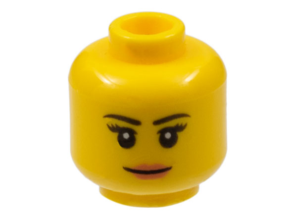 Display of LEGO part no. 3626cpb1211 Minifigure, Head Female Black Thin Eyebrows, Peach Lips Smile Pattern, Hollow Stud  which is a Yellow Minifigure, Head Female Black Thin Eyebrows, Peach Lips Smile Pattern, Hollow Stud 