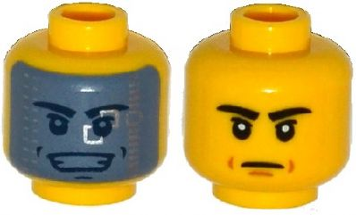 Display of LEGO part no. 3626cpb1250 Minifigure, Head Dual Sided Black Eyebrows, Mouth Lines / Dark Bluish Gray Visor with Silver Squares, Open Smile with Teeth Pattern, Hollow Stud  which is a Yellow Minifigure, Head Dual Sided Black Eyebrows, Mouth Lines / Dark Bluish Gray Visor with Silver Squares, Open Smile with Teeth Pattern, Hollow Stud 