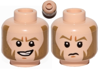 Display of LEGO part no. 3626cpb1287 Minifigure, Head Dual Sided Dark Tan Eyebrows and Large Sideburns, Determined / Sad Pattern (SW Agent Kallus), Hollow Stud  which is a Light Nougat Minifigure, Head Dual Sided Dark Tan Eyebrows and Large Sideburns, Determined / Sad Pattern (SW Agent Kallus), Hollow Stud 