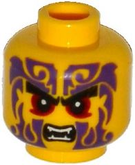 Display of LEGO part no. 3626cpb1327 which is a Yellow Minifigure, Head Black Eyebrows, Dark Red Eyes, Dark Purple Tattoos, Open Mouth with Fangs Pattern, Hollow Stud 