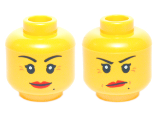 Display of LEGO part no. 3626cpb1350 Minifigure, Head Dual Sided Female Red Lips, Crow's Feet and Beauty Mark, Smile / Annoyed with Short Frown Lines Pattern, Hollow Stud  which is a Yellow Minifigure, Head Dual Sided Female Red Lips, Crow's Feet and Beauty Mark, Smile / Annoyed with Short Frown Lines Pattern, Hollow Stud 