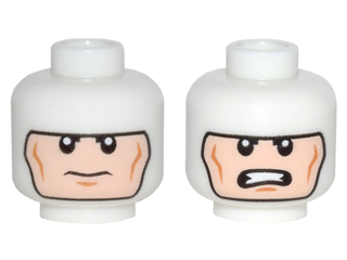 Display of LEGO part no. 3626cpb1475 which is a Glow In Dark White Minifigure, Head Dual Sided Balaclava, Cheek Lines, Frown / Clenched Teeth (Batman) Pattern, Hollow Stud 