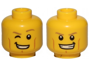 Display of LEGO part no. 3626cpb1506 Minifigure, Head Dual Sided Dark Tan Eyebrows, Cheek Lines, Smile with Right Eye Winking / Smile with Teeth Pattern, Hollow Stud  which is a Yellow Minifigure, Head Dual Sided Dark Tan Eyebrows, Cheek Lines, Smile with Right Eye Winking / Smile with Teeth Pattern, Hollow Stud 