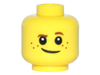 Display of LEGO part no. 3626cpb1508 Minifigure, Head Child Brown Eyebrows, Raised Left Eyebrow, Freckles, White Pupils, Crooked Smile Pattern, Hollow Stud  which is a Yellow Minifigure, Head Child Brown Eyebrows, Raised Left Eyebrow, Freckles, White Pupils, Crooked Smile Pattern, Hollow Stud 