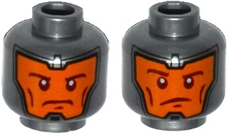 Display of LEGO part no. 3626cpb1521 Minifigure, Head Dual Sided Balaclava, Orange Face, Dark Red Eyebrows and Cheek Lines, Determined / Raised Eyebrow Pattern, Hollow Stud  which is a Flat Silver Minifigure, Head Dual Sided Balaclava, Orange Face, Dark Red Eyebrows and Cheek Lines, Determined / Raised Eyebrow Pattern, Hollow Stud 