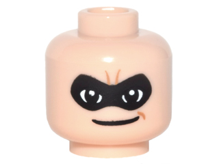 Display of LEGO part no. 3626cpb1557 which is a Light Nougat Minifigure, Head Male Black Eye Mask with Eye Holes and Thin Smile Pattern (Mr. Incredible), Hollow Stud 