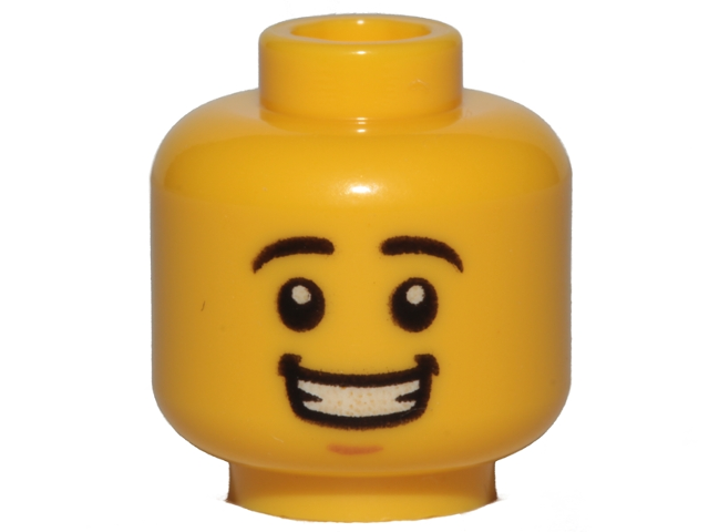 Display of LEGO part no. 3626cpb1569 Minifigure, Head Black Eyebrows, White Pupils, Chin Dimple, Open Mouth Smile with Teeth Pattern, Hollow Stud  which is a Yellow Minifigure, Head Black Eyebrows, White Pupils, Chin Dimple, Open Mouth Smile with Teeth Pattern, Hollow Stud 