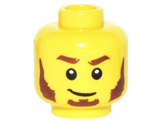 Display of LEGO part no. 3626cpb1596 which is a Yellow Minifigure, Head Beard Reddish Brown, Bushy Eyebrows, Sideburns, White Pupils, Lopsided Smile Pattern, Hollow Stud 