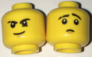 Display of LEGO part no. 3626cpb1661 Minifigure, Head Dual Sided Black Eyebrows (one Scarred), White Pupils, Brown Chin Dimple, Firm Grin / Worried Pattern, Hollow Stud  which is a Yellow Minifigure, Head Dual Sided Black Eyebrows (one Scarred), White Pupils, Brown Chin Dimple, Firm Grin / Worried Pattern, Hollow Stud 