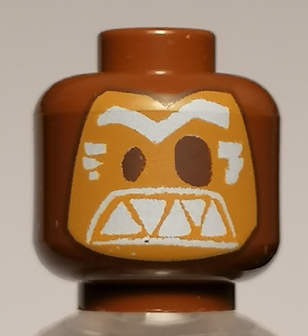 Display of LEGO part no. 3626cpb1704 Minifigure, Head Alien Mask Medium Nougat with Dark Brown Eyes and White Eyebrows and Triangular Teeth Pattern (Kakamora), Hollow Stud  which is a Reddish Brown Minifigure, Head Alien Mask Medium Nougat with Dark Brown Eyes and White Eyebrows and Triangular Teeth Pattern (Kakamora), Hollow Stud 