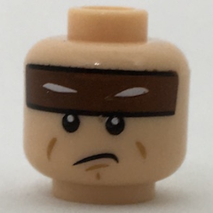 Display of LEGO part no. 3626cpb1710 Minifigure, Head Reddish Brown Headband with Squinted Batman Eyes, Sad Mouth Pattern, Hollow Stud  which is a Light Nougat Minifigure, Head Reddish Brown Headband with Squinted Batman Eyes, Sad Mouth Pattern, Hollow Stud 