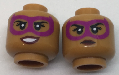 Display of LEGO part no. 3626cpb1718 which is a Medium Nougat Minifigure, Head Dual Sided Female Magenta Eye Mask, Dark Red Lips, Grin with Teeth / Neutral Pattern, Hollow Stud 