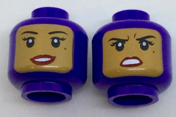 Display of LEGO part no. 3626cpb1764 which is a Dark Purple Minifigure, Head Dual Sided Female Balaclava with Medium Nougat Face, Black Eyebrows, Eyelashes, Beauty Mark, Dark Red Lips, Open Mouth Smile with Teeth / Concerned Pattern, Hollow Stud 