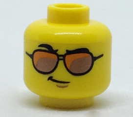 Display of LEGO part no. 3626cpb1823 Minifigure, Head Glasses, Orange and Copper Sunglasses, Black Eyebrows, Right Raised Eyebrow, Smirk Pattern, Hollow Stud  which is a Yellow Minifigure, Head Glasses, Orange and Copper Sunglasses, Black Eyebrows, Right Raised Eyebrow, Smirk Pattern, Hollow Stud 