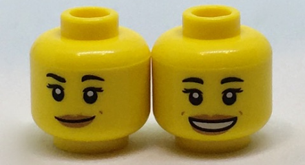 Display of LEGO part no. 3626cpb1829 Minifigure, Head Dual Sided Female with Black Eyebrows, Medium Nougat Lips and Dimples, Neutral / Open Mouth Smile Pattern, Hollow Stud  which is a Yellow Minifigure, Head Dual Sided Female with Black Eyebrows, Medium Nougat Lips and Dimples, Neutral / Open Mouth Smile Pattern, Hollow Stud 