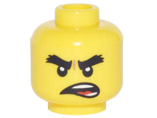 Display of LEGO part no. 3626cpb1874 Minifigure, Head Black Bushy Eyebrows, Open Mouth Crooked Scowl Pattern (Cole), Hollow Stud  which is a Yellow Minifigure, Head Black Bushy Eyebrows, Open Mouth Crooked Scowl Pattern (Cole), Hollow Stud 