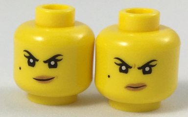 Display of LEGO part no. 3626cpb1888 Minifigure, Head Dual Sided Female Black Eyebrows, Beauty Mark, Dark Tan Lips, Crooked Smile / Scowl Pattern (Nya), Hollow Stud  which is a Yellow Minifigure, Head Dual Sided Female Black Eyebrows, Beauty Mark, Dark Tan Lips, Crooked Smile / Scowl Pattern (Nya), Hollow Stud 