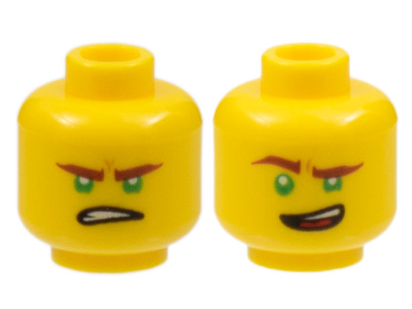 Display of LEGO part no. 3626cpb1890 Minifigure, Head Dual Sided Reddish Brown Eyebrows, Green Eyes, Lopsided Open Mouth Grin / Gritted Teeth Pattern (Lloyd), Hollow Stud  which is a Yellow Minifigure, Head Dual Sided Reddish Brown Eyebrows, Green Eyes, Lopsided Open Mouth Grin / Gritted Teeth Pattern (Lloyd), Hollow Stud 