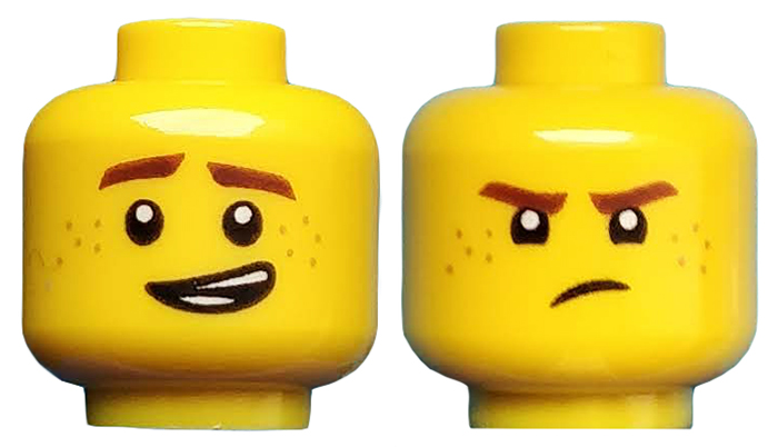 Display of LEGO part no. 3626cpb1892 Minifigure, Head Dual Sided Reddish Brown Eyebrows and Freckles, Lopsided Grin / Frown Pattern (Jay), Hollow Stud  which is a Yellow Minifigure, Head Dual Sided Reddish Brown Eyebrows and Freckles, Lopsided Grin / Frown Pattern (Jay), Hollow Stud 