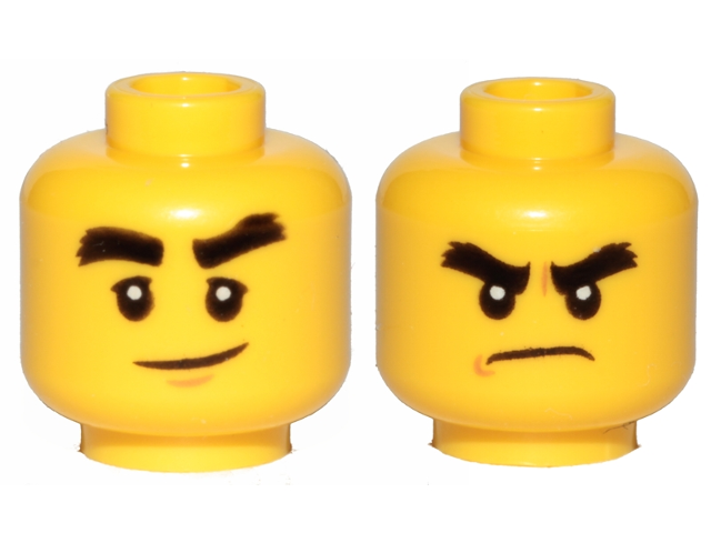 Display of LEGO part no. 3626cpb1893 Minifigure, Head Dual Sided Black Bushy Eyebrows, Smile / Angry Pattern (Cole), Hollow Stud  which is a Yellow Minifigure, Head Dual Sided Black Bushy Eyebrows, Smile / Angry Pattern (Cole), Hollow Stud 