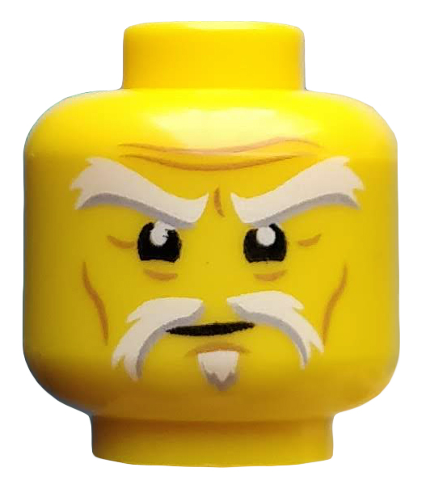 Display of LEGO part no. 3626cpb1895 Minifigure, Head White and Gray Raised Eyebrows and Goatee, Medium Nougat Wrinkles, Concerned Expression Pattern (Sensei Wu), Hollow Stud  which is a Yellow Minifigure, Head White and Gray Raised Eyebrows and Goatee, Medium Nougat Wrinkles, Concerned Expression Pattern (Sensei Wu), Hollow Stud 