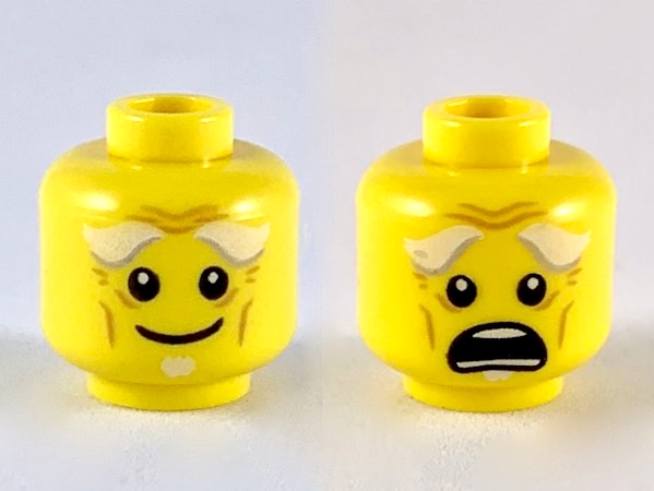 Display of LEGO part no. 3626cpb1919 Minifigure, Head Dual Sided White Bushy Eyebrows, Goatee, Wrinkles, Smile / Open Mouth Scared Pattern, Hollow Stud  which is a Yellow Minifigure, Head Dual Sided White Bushy Eyebrows, Goatee, Wrinkles, Smile / Open Mouth Scared Pattern, Hollow Stud 