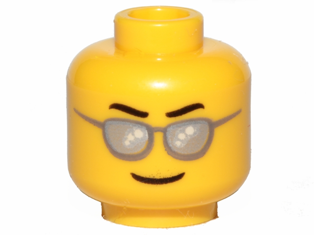 Display of LEGO part no. 3626cpb1933 Minifigure, Head Glasses with Silver Sunglasses, Black Eyebrows Wavy, Thin Grin Pattern, Hollow Stud  which is a Yellow Minifigure, Head Glasses with Silver Sunglasses, Black Eyebrows Wavy, Thin Grin Pattern, Hollow Stud 