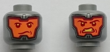 Display of LEGO part no. 3626cpb1934 Minifigure, Head Dual Sided Balaclava, Orange Face, Dark Red Eyebrows, Determined / Open Mouth Scowl Pattern, Hollow Stud  which is a Flat Silver Minifigure, Head Dual Sided Balaclava, Orange Face, Dark Red Eyebrows, Determined / Open Mouth Scowl Pattern, Hollow Stud 