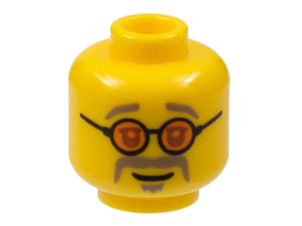 Display of LEGO part no. 3626cpb1949 Minifigure, Head Glasses with Orange Sunglasses, Dark Tan Eyebrows, Moustache and Goatee Pattern, Hollow Stud  which is a Yellow Minifigure, Head Glasses with Orange Sunglasses, Dark Tan Eyebrows, Moustache and Goatee Pattern, Hollow Stud 