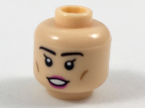 Display of LEGO part no. 3626cpb1986 Minifigure, Head Female, Black Eyebrows and Eyes with Single Eyelashes, Pink Lips Pattern, Hollow Stud  which is a Light Nougat Minifigure, Head Female, Black Eyebrows and Eyes with Single Eyelashes, Pink Lips Pattern, Hollow Stud 