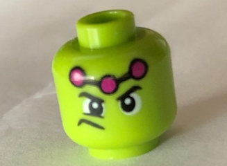 Display of LEGO part no. 3626cpb2000 Minifigure, Head Male Wide Eyes, Frown to Side, Three Magenta Dots Pattern (Brainiac), Hollow Stud  which is a Lime Minifigure, Head Male Wide Eyes, Frown to Side, Three Magenta Dots Pattern (Brainiac), Hollow Stud 